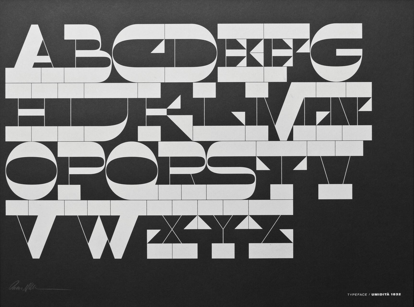 Stylized uppercase alphabet letters arranged in a grid against a black background, using bold geometric shapes and lines with white color filling.