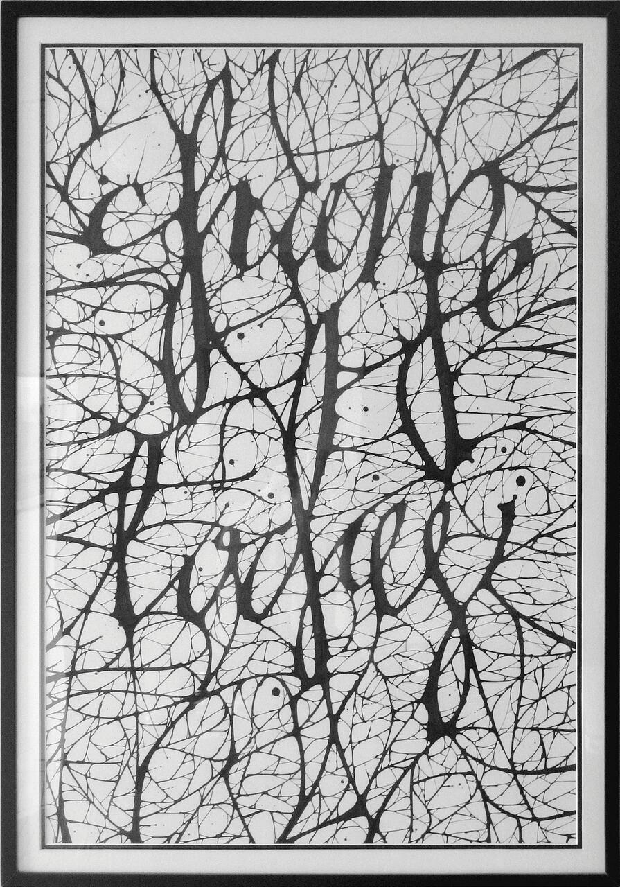 Abstract black and white artwork with intricate, swirling lines resembling tangled branches or veins, framed in black.