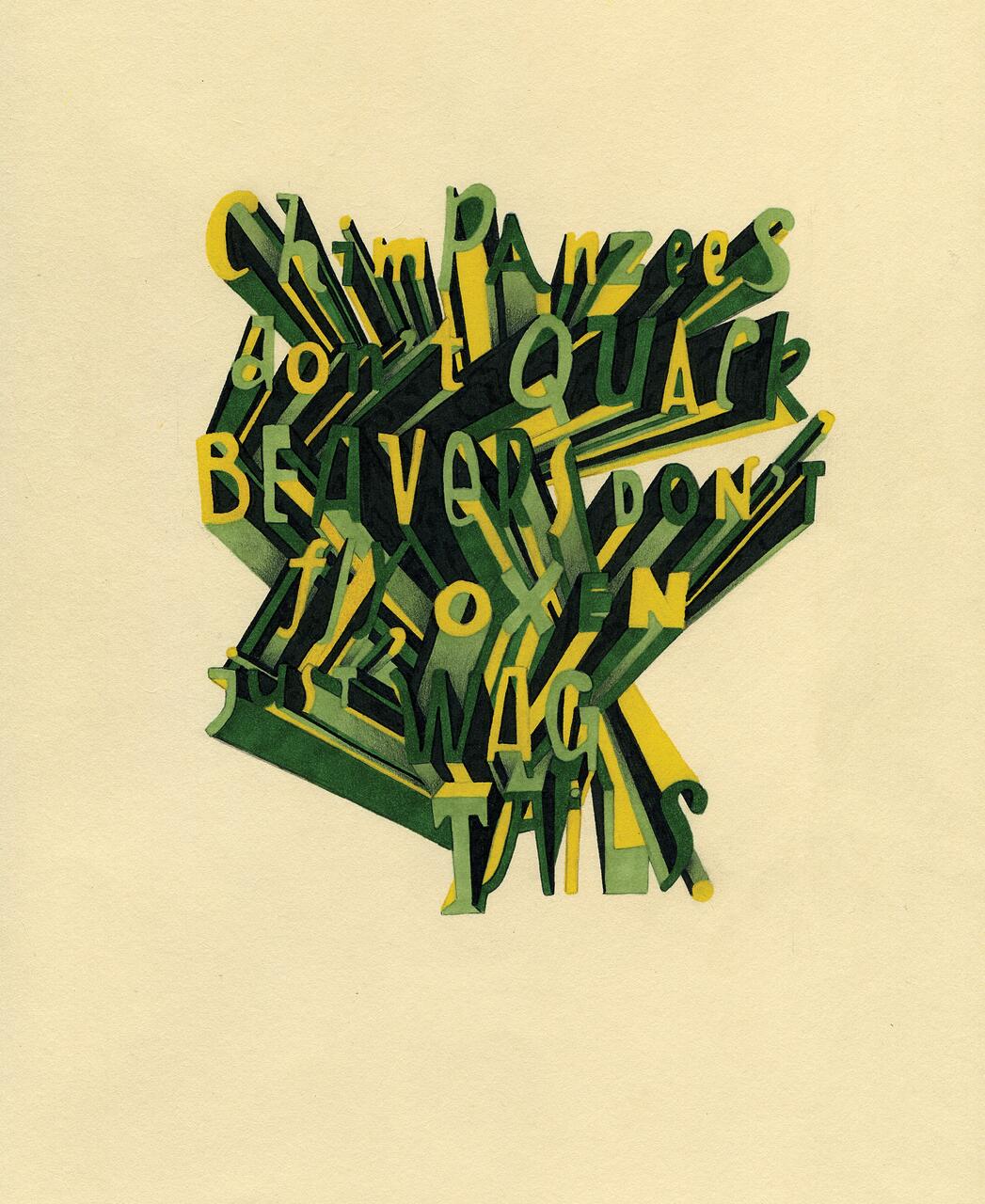 Colorful graphic with layered text in green and yellow shades, forming words in dynamic, angular shapes on a beige background.