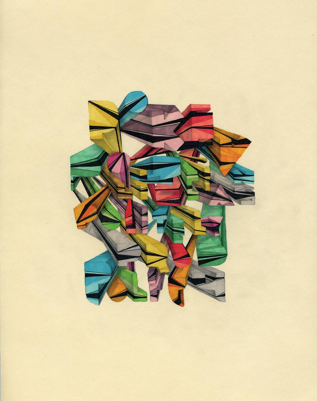 Abstract geometric pattern with bright, varied colors such as yellow, red, blue, and green, on a beige background. Shapes appear three-dimensional, with overlapping layers and bold outlines.