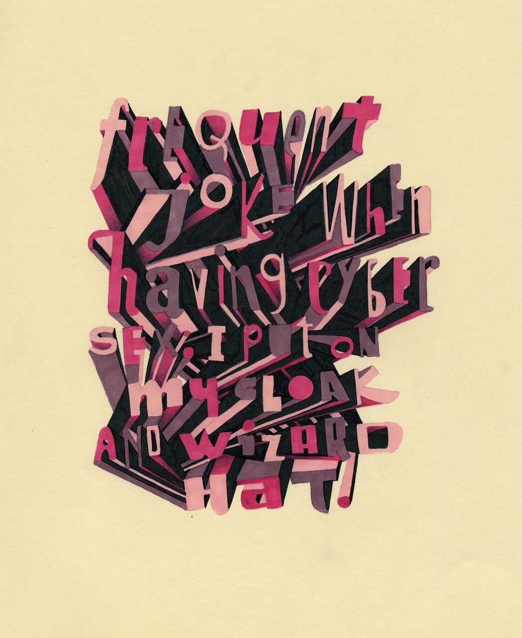 3D text graphic in shades of pink and black on a cream background, featuring a bold, angular font. Colors and letters create a dynamic, layered appearance.