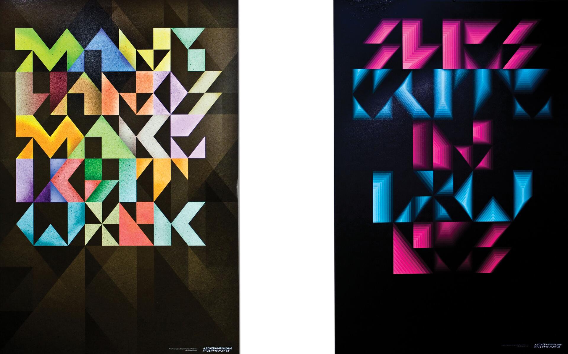 Geometric posters with colorful shapes on dark backgrounds. The left poster features multicolored shapes forming a grid pattern, while the right poster has vibrant pink and blue shapes arranged asymmetrically.