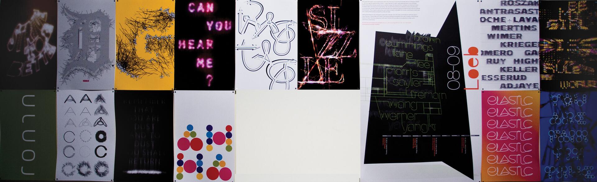 A collage of colorful posters with abstract designs and text. Each poster features various graphic styles, colors, and fonts depicting artistic and experimental typography.