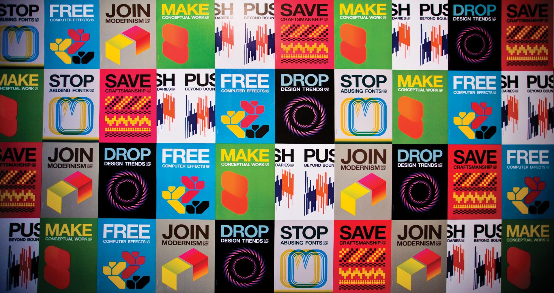 Colorful grid of posters with abstract designs and bold text, featuring phrases like "MAKE," "FREE," "SAVE," and "JOIN." Each poster has a unique color scheme and graphic elements, such as geometric shapes and digital patterns.