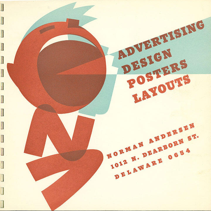 Stylized graphic of a red figure sitting with geometric shapes. Blue background elements with bold text reading "Advertising Design Posters Layouts."  Address details for Norman Andersen are at the bottom. Retro design.
