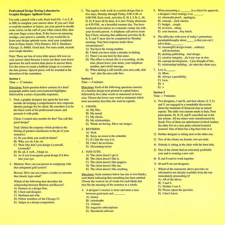 Professional Design Testing Laboratories graphic designer aptitude exam sheet with sections on customer scenarios, work routines, and design challenges. Instructions involve selecting responses to hypothetical questions. Text is dense, organized into a structured format with numbered sections.