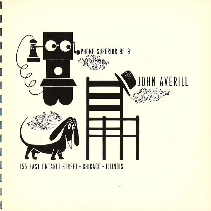 Whimsical graphic with a robot holding a phone, a dog, and a chair with a hat. Text includes a phone number and address. Black illustrations on a cream background.