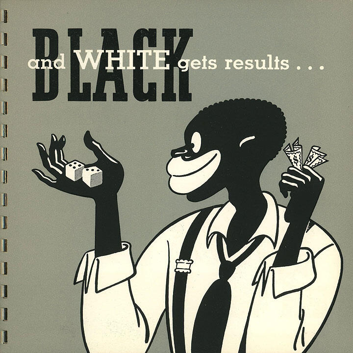 Stylized black and white cartoon character holding dice in one hand and paper money in the other, wearing suspenders and a shirt, with text above. 