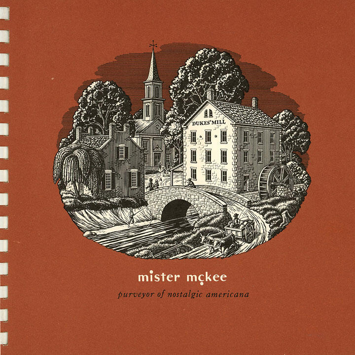 Illustration of a vintage mill labeled "Dukes' Mill" with a waterwheel, arched stone bridge, trees, and surrounding buildings on a brown background.