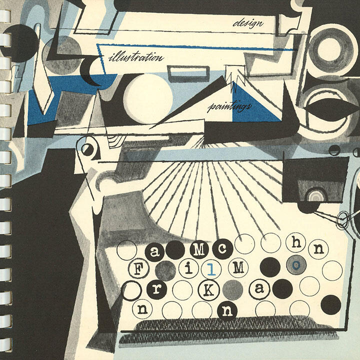 Abstract graphic illustration with geometric shapes, black and blue accents, and various words like "illustration," "design," and "paintings." Resembles a typewriter with scattered letters on circular keys.