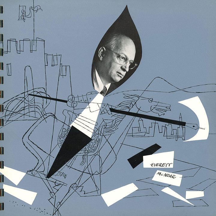 Abstract graphic design with a black and white photo of a man in a suit, placed within a drop shape. The background is blue with sketched cityscape and abstract lines, featuring the name "Everett McNear" in stylized text.