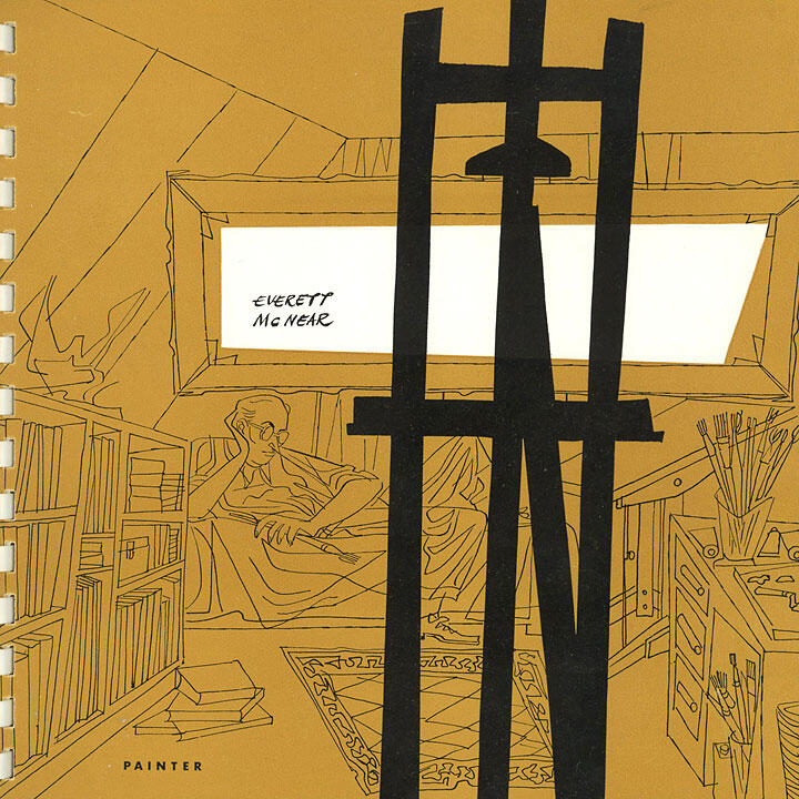 Artist's studio sketch with a large easel in the foreground, a man reclining thoughtfully on a couch, surrounded by books and art supplies. Brown background with a minimalist style.