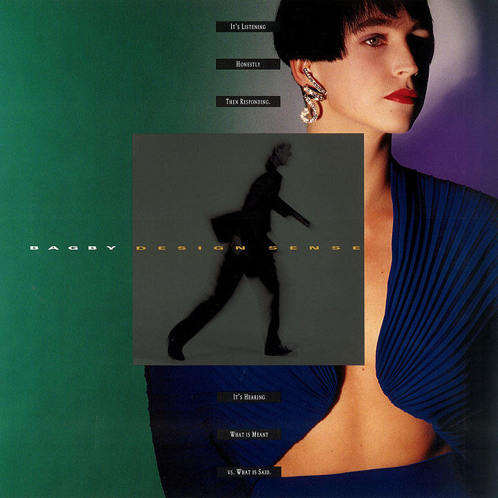A composed graphic showing a woman in a blue pleated dress, wearing a distinctive earring, on a green background. Overlayed is a gray square with a silhouette of a person walking and the text "Bagby Design Sense."
