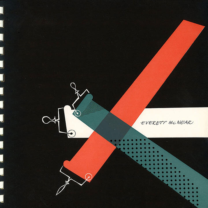 Abstract graphic with red and teal geometric shapes overlapping on a black background. Two angled rectangles intersect, with circular and dotted patterns. White binder clips and a pen nib are drawn at intersections. Text reads "Everett McNear."