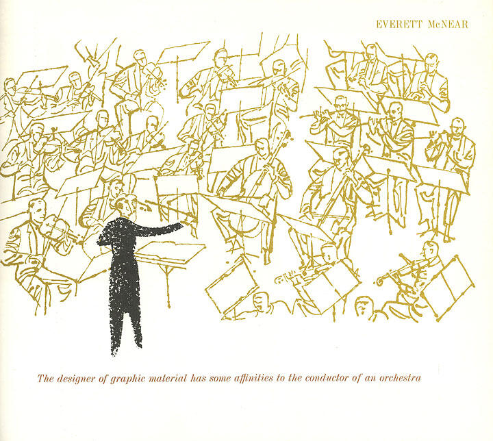 An abstract drawing of an orchestra with a conductor in black at the forefront. The musicians are sketched in gold, holding instruments like violins and cellos, each with music stands.