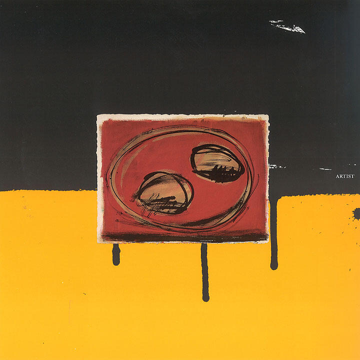 Abstract painting with a bold red rectangle, two black ovals, and sweeping brushstrokes. Background split between a stark black upper half and vibrant yellow lower half, with black drips extending downward.