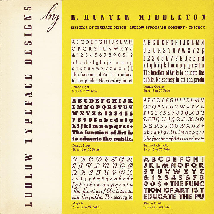 Ludlow Typeface Designs by R. Hunter Middleton, showcasing various typefaces including Tempo Light, Karnak Obelisk, Karnak Black, Mayfair, Tempo Light Italic, and Tempo Inline, on a yellow background with text samples and sizes.