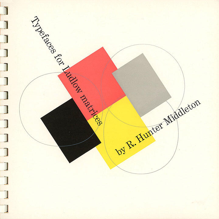 Colored overlapping squares in red, black, yellow, and gray with circles, plus tilted black text on an off-white background.