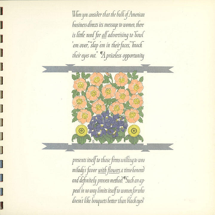 Text with a central floral graphic. The illustration features orange, purple, and yellow flowers with green leaves, surrounded by stylized banners. The style feels vintage, emphasizing a floral theme.