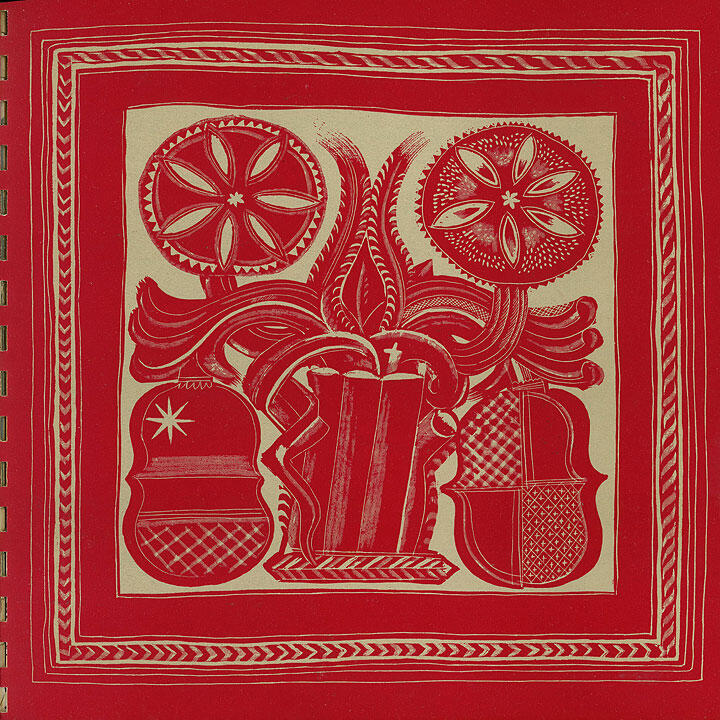 Red and beige abstract artwork featuring symmetrical floral and geometric designs, including two circular patterns resembling flowers at the top and ornate shapes below.