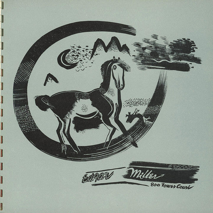Black and white graphic of a horse inside a circular frame. The background includes abstract shapes resembling mountains, trees, and a partial lunar landscape. The artist's signature, Edgar Miller, is visible at the bottom.