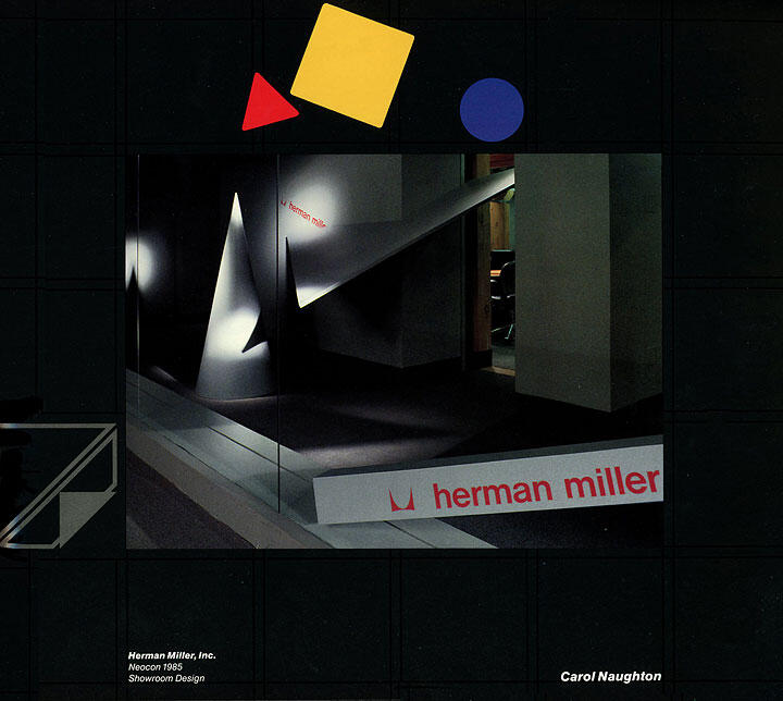 Herman Miller showroom design for Neocon 1985, featuring geometric shapes and a modern architectural interior with soft lighting. The logo is prominently displayed.