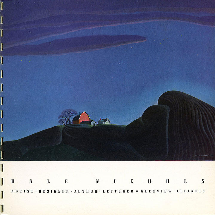 A serene nighttime landscape with a farmhouse and barn on a hill, silhouetted against a deep blue sky with clouds.