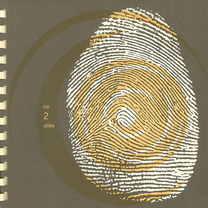 Spiral-bound graphic with a stylized fingerprint in shades of white and orange on a gray background.