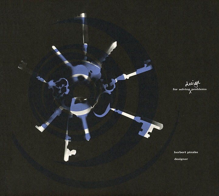 Abstract graphic with a central circular shape in blue and black, surrounded by key-like extensions. White text near the bottom reads "herbert pinzke designer," with decorative text to the right.