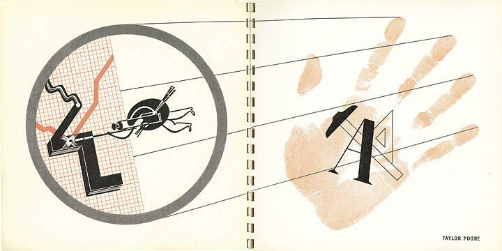 Abstract graphic combining a handprint and geometric shapes, with a circle on the left side enclosing a red grid, a zigzag line, and a running figure. Black and beige tones with lines connecting both pages.
