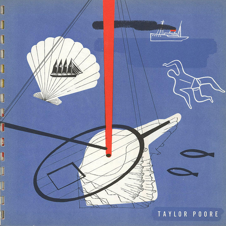 Abstract illustration featuring a blue background with a shell containing a sailing ship, a red and black pole intersecting circular shapes, a white outline of a horse, a ship in the distance, and two fish below.
