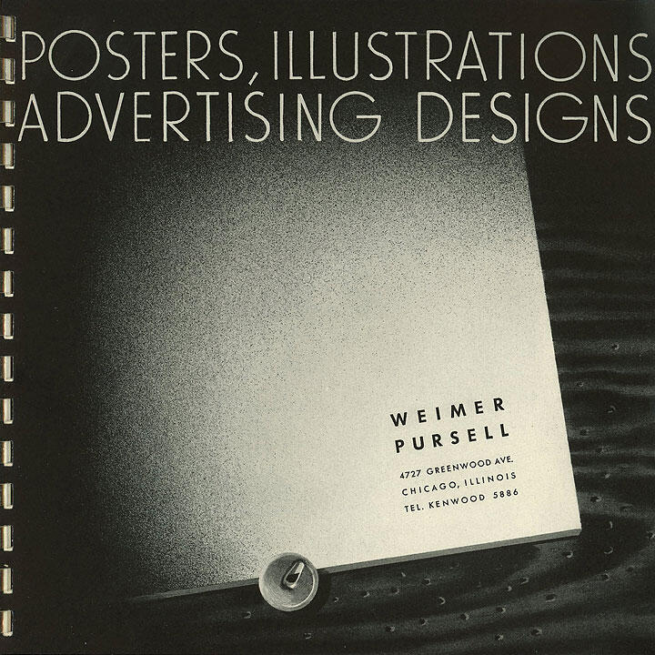 Art Deco-style graphic design for Weimer Pursell, featuring bold text for posters, illustrations, and advertising designs. The background has a textured black and white gradient, with a spiral-bound edge visible on the left.