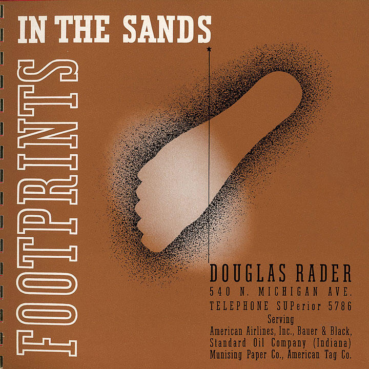 Brown graphic with a large stylized footprint. Text includes "Footprints" and "In the Sands" in white, alongside contact information for Douglas Rader. Background features a gradient effect around the footprint, creating a textured, sandy appearance.