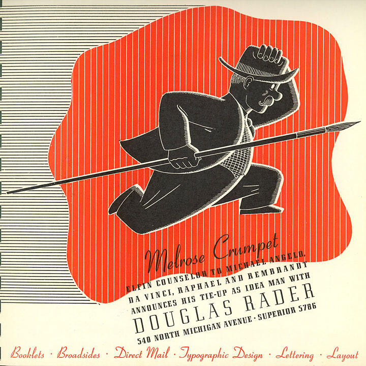 Graphic of a man in a suit and hat, holding a pen like a spear, running against a red striped background with text.