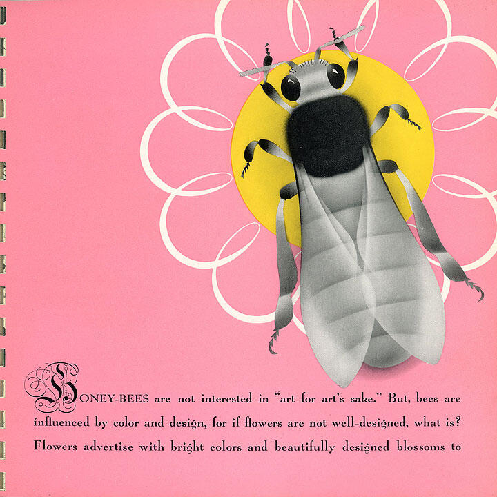 A stylized bee illustration with a yellow circle behind it, resembling a flower on a pink background. White petal shapes surround the bee, giving a vibrant, graphic design.