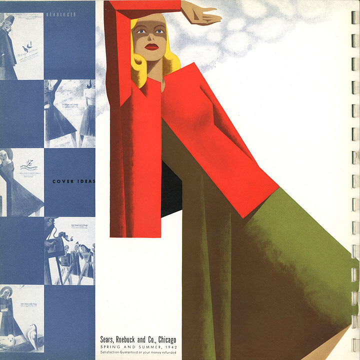 Stylized illustration of a woman in a red top and green skirt, with blonde hair, posed dramatically against a cloudy background. Adjacent is a grid of smaller monochrome images showing fashion sketches.