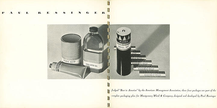 Packaging design display including a boric acid tin, cod liver oil bottle, toothpaste tube, and a drill set can. Black and white photograph with labeled items arranged neatly.