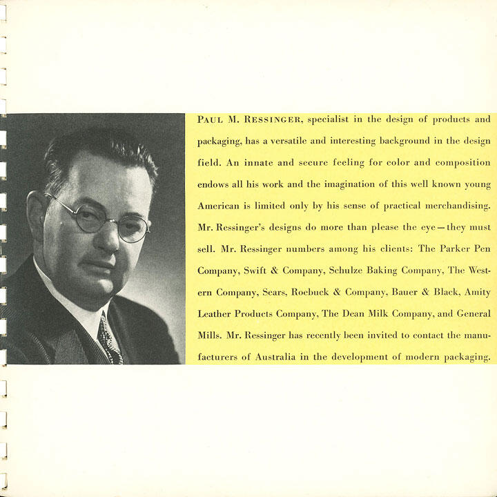 Black and white photograph of a man in a suit and glasses, next to a yellow text section detailing his expertise in product and packaging design.