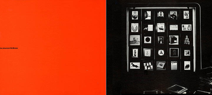 A minimalist design with a vibrant red left side and a black-and-white grid on the right featuring various abstract icons and symbols.