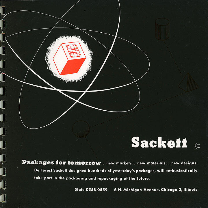 Retro-style graphic with a red and white cube at the center surrounded by atomic lines, set against a black background. The text reads "Sackett" with contact information and mentions packaging for the future.