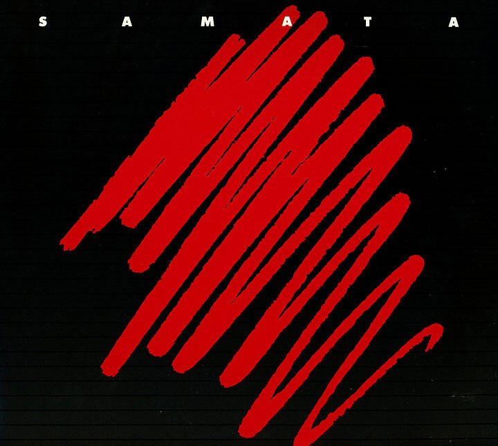 Red abstract scribble on a black background with faint horizontal lines, creating a dynamic and bold contrast.