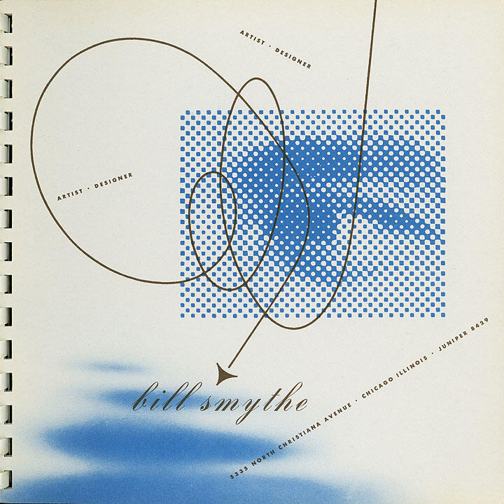 Graphic design featuring stylized blue dots forming an abstract shape, with brown looping lines overlapping. Text reads "artist - designer" and "bill smythe" in elegant script. Soft blue color gradient in the background.