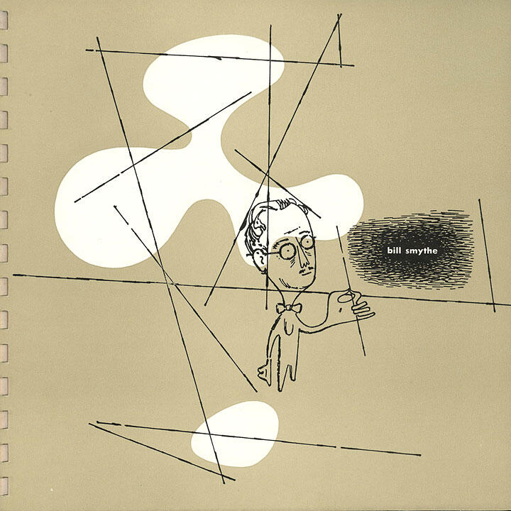 Abstract graphic with a sketch of a person holding an object, overlaid with geometric lines and white shapes on a beige background. Text reads "bill smythe" in a dark shaded area.