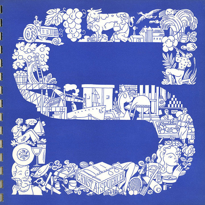 Illustration of a large letter "S" made up of various white line drawings on a blue background, depicting scenes of agriculture, industry, and leisure, including a tractor, grapes, a ship, buildings, and people engaged in different activities.