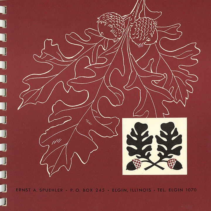 Stylized graphic of oak leaves and acorns on a maroon background, featuring a smaller inset with black oak leaf silhouettes and two acorns.