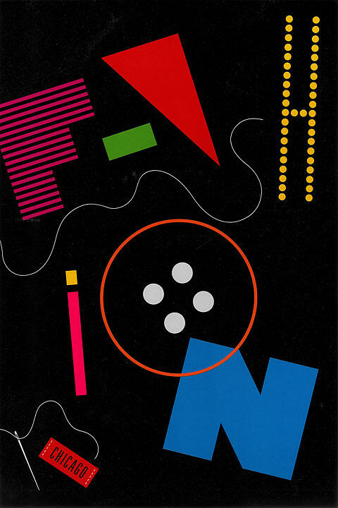 Colorful geometric shapes and letters on a black background, forming an abstract pattern with a bold, playful style.