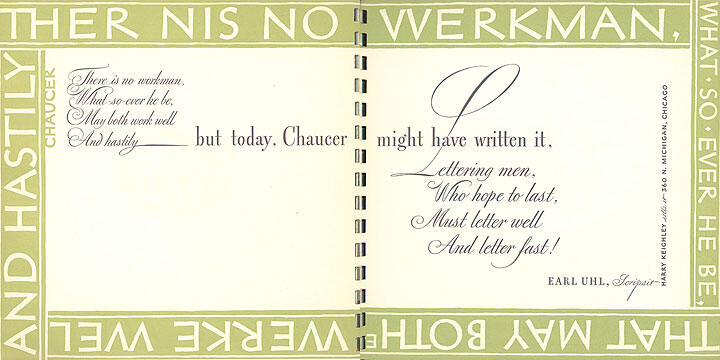 Decorative typography piece featuring a quote attributed to Chaucer alongside a modern adaptation. Styled with elegant script and solid borders, emphasizing the importance of lettering skill and speed in a sophisticated, artistic design.