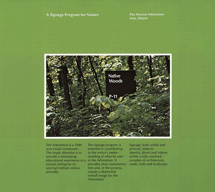 A photograph of a wooded area with a sign reading "Native Woods P-11," surrounded by dense, green foliage. Text on a green background describes the signage program at The Morton Arboretum in Lisle, Illinois.
