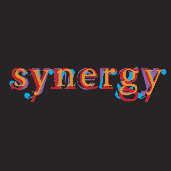 The word "synergy" in overlapping colorful letters on a black background.