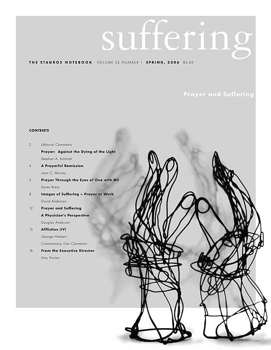Black wire sculptures of hands raised in prayer with a light gray text overlay listing contents. Title: "suffering."